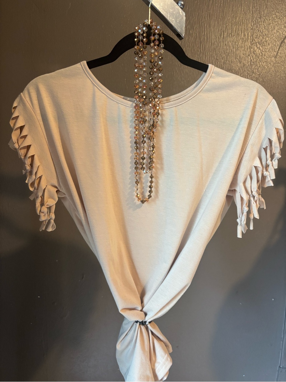 Women’s Cream Knotted Fringe Sleeve Top - Unbranded